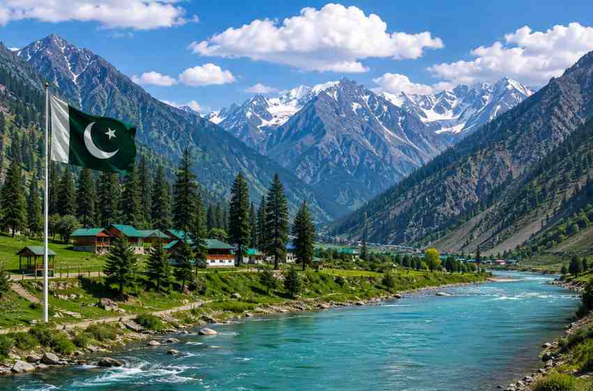 Beautiful mountain valley with river in northern Pakistan, a popular tourist destination
