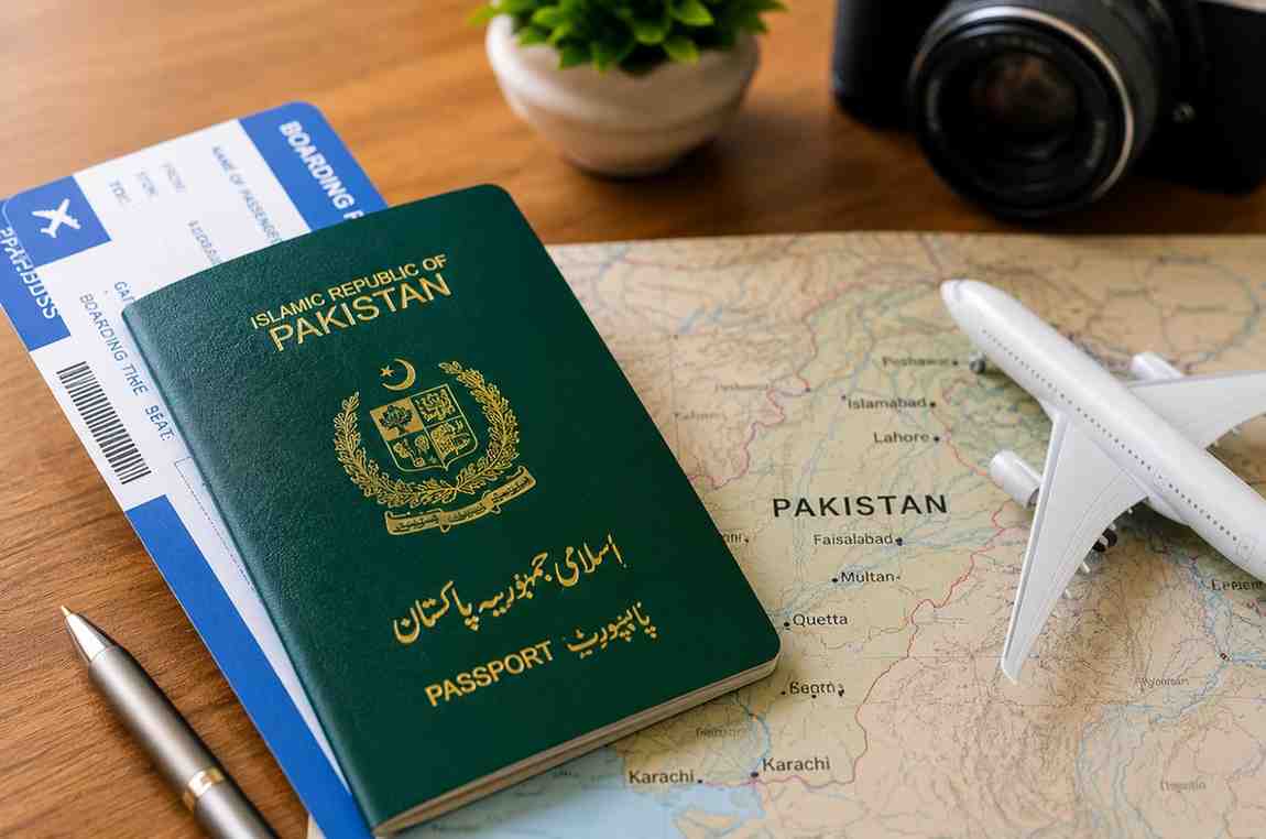 Pakistan passport with boarding pass, airplane model and Pakistan map for online visa application