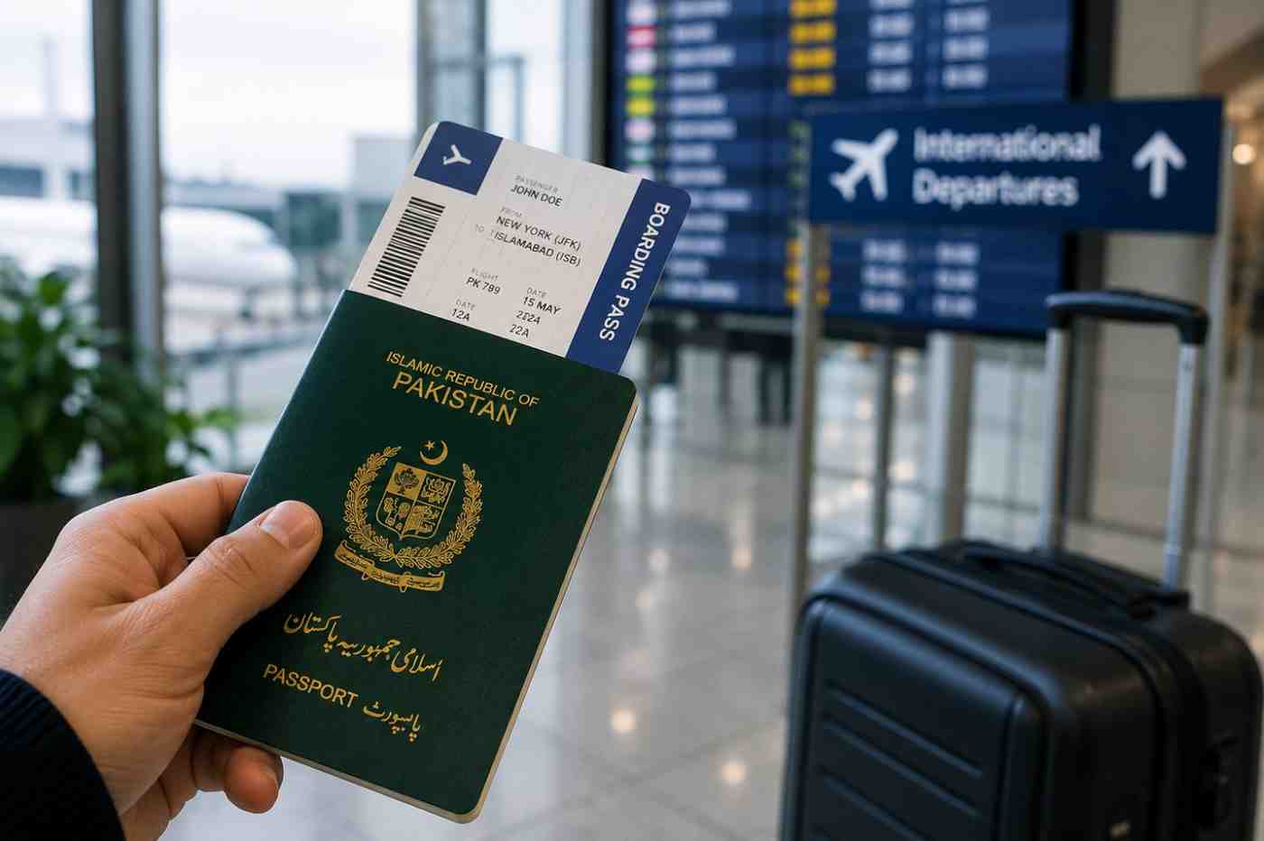 Traveler holding a Pakistan passport and boarding pass at an international airport before departure